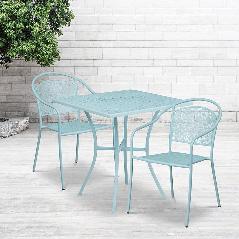 Flash Furniture 28'' Square Sky Blue Indoor-Outdoor Steel Patio Table Set with 2 Round Back Chairs - CO-28SQ-03CHR2-SKY-GG