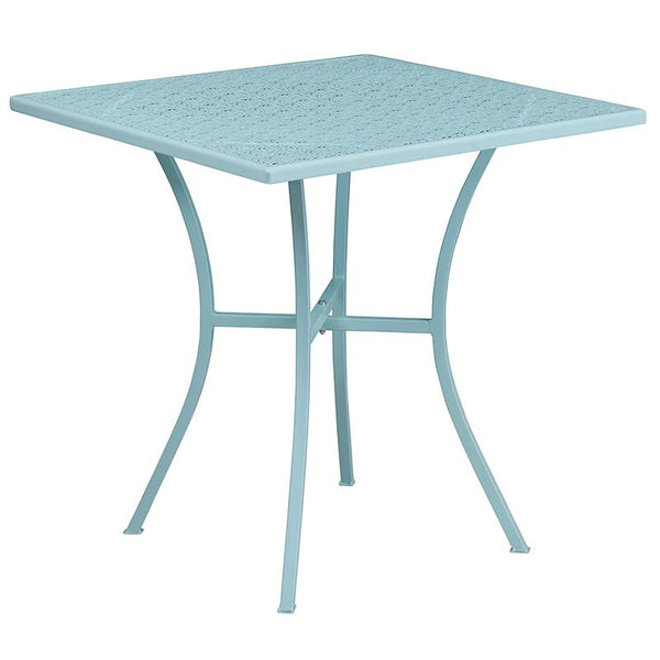 Flash Furniture 28'' Square Sky Blue Indoor-Outdoor Steel Patio Table Set with 2 Round Back Chairs - CO-28SQ-03CHR2-SKY-GG