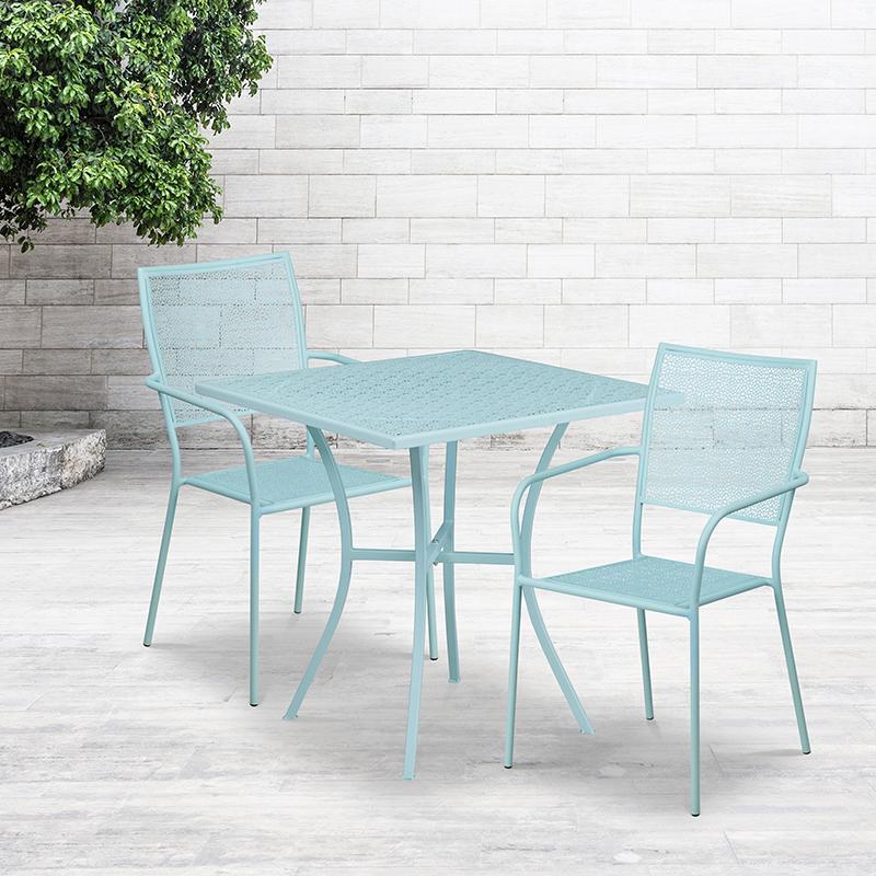 Flash Furniture 28'' Square Sky Blue Indoor-Outdoor Steel Patio Table Set with 2 Square Back Chairs - CO-28SQ-02CHR2-SKY-GG