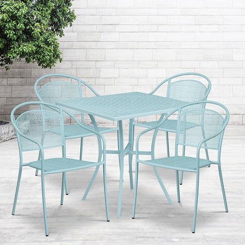 Flash Furniture 28'' Square Sky Blue Indoor-Outdoor Steel Patio Table Set with 4 Round Back Chairs - CO-28SQ-03CHR4-SKY-GG