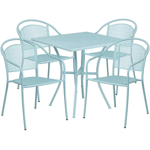 Flash Furniture 28'' Square Sky Blue Indoor-Outdoor Steel Patio Table Set with 4 Round Back Chairs - CO-28SQ-03CHR4-SKY-GG