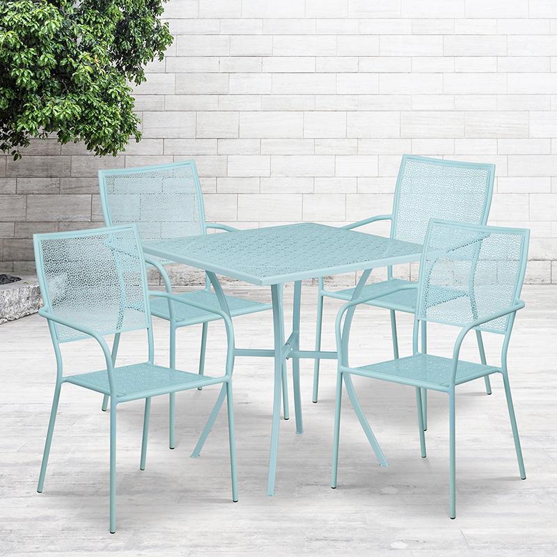 Flash Furniture 28'' Square Sky Blue Indoor-Outdoor Steel Patio Table Set with 4 Square Back Chairs - CO-28SQ-02CHR4-SKY-GG