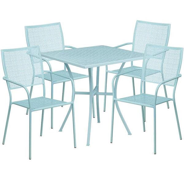 Flash Furniture 28'' Square Sky Blue Indoor-Outdoor Steel Patio Table Set with 4 Square Back Chairs - CO-28SQ-02CHR4-SKY-GG