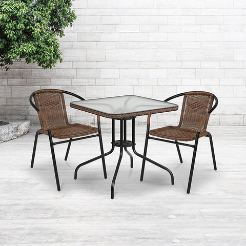 Flash Furniture 28'' Square Tempered Glass Metal Table with Dark Brown Rattan Edging - TLH-073R-DK-BN-GG