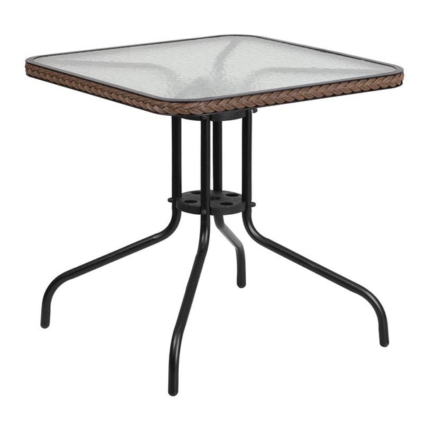Flash Furniture 28'' Square Tempered Glass Metal Table with Dark Brown Rattan Edging - TLH-073R-DK-BN-GG