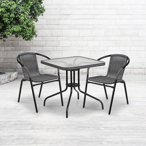 Flash Furniture 28'' Square Tempered Glass Metal Table with Gray Rattan Edging - TLH-073R-GY-GG