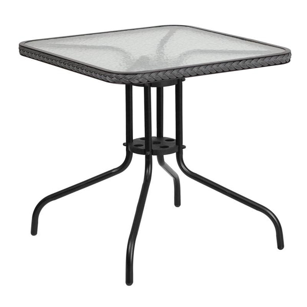 Flash Furniture 28'' Square Tempered Glass Metal Table with Gray Rattan Edging - TLH-073R-GY-GG