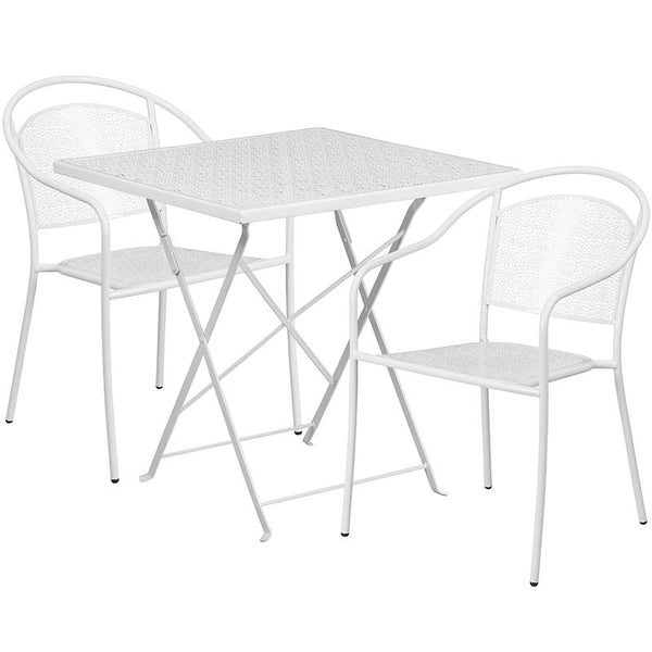 Flash Furniture 28'' Square White Indoor-Outdoor Steel Folding Patio Table Set with 2 Round Back Chairs - CO-28SQF-03CHR2-WH-GG