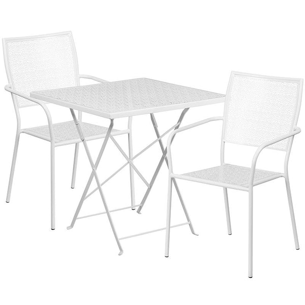 Flash Furniture 28'' Square White Indoor-Outdoor Steel Folding Patio Table Set with 2 Square Back Chairs - CO-28SQF-02CHR2-WH-GG