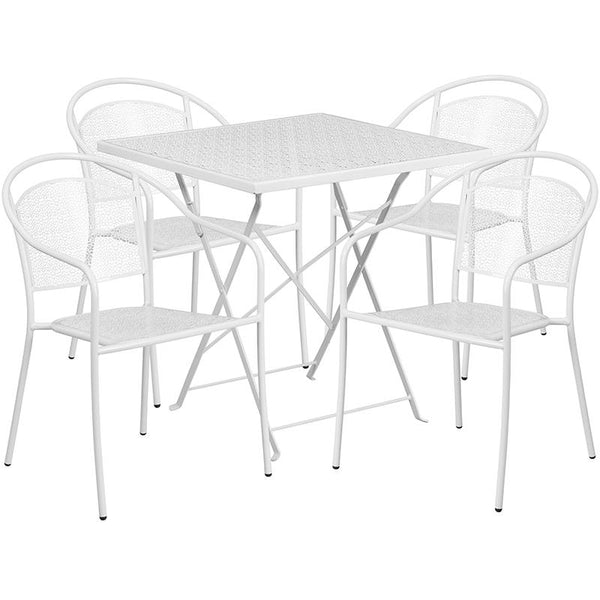 Flash Furniture 28'' Square White Indoor-Outdoor Steel Folding Patio Table Set with 4 Round Back Chairs - CO-28SQF-03CHR4-WH-GG