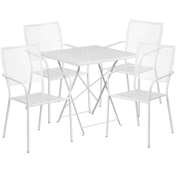 Flash Furniture 28'' Square White Indoor-Outdoor Steel Folding Patio Table Set with 4 Square Back Chairs - CO-28SQF-02CHR4-WH-GG