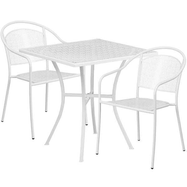 Flash Furniture 28'' Square White Indoor-Outdoor Steel Patio Table Set with 2 Round Back Chairs - CO-28SQ-03CHR2-WH-GG