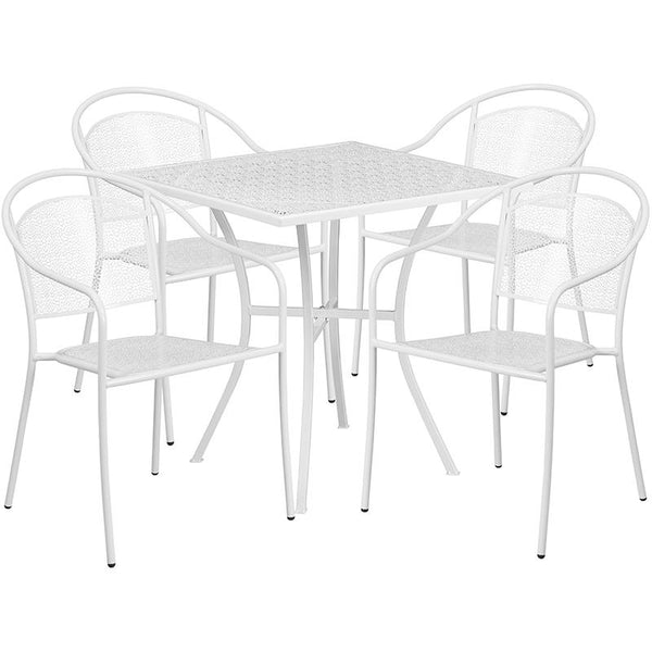 Flash Furniture 28'' Square White Indoor-Outdoor Steel Patio Table Set with 4 Round Back Chairs - CO-28SQ-03CHR4-WH-GG