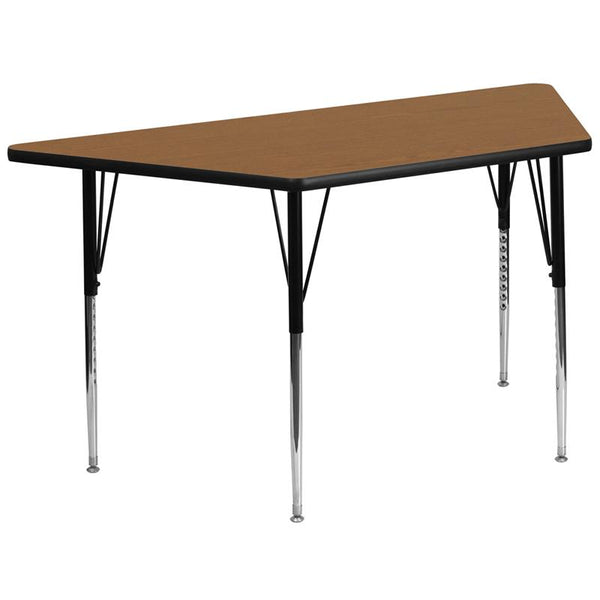 Flash Furniture 29.5''W x 57.25''L Trapezoid Oak Thermal Laminate Activity Table - Standard Height Adjustable Legs - XU-A3060-TRAP-OAK-T-A-GG