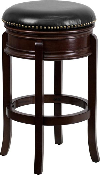 Flash Furniture 29'' High Backless Cappuccino Wood Barstool with Carved Apron and Black Leather Swivel Seat - TA-68829-CA-GG