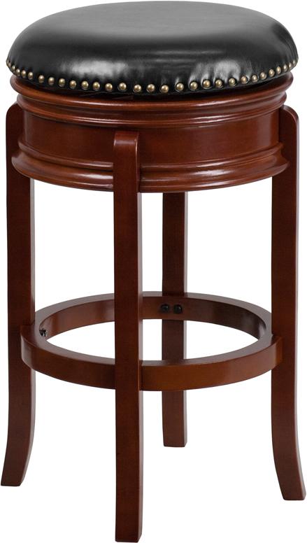 Flash Furniture 29'' High Backless Light Cherry Wood Barstool with Carved Apron and Black Leather Swivel Seat - TA-68829-LC-GG