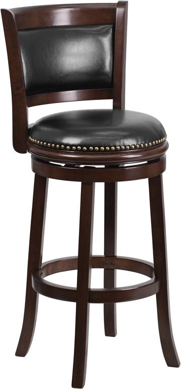 Flash Furniture 29'' High Cappuccino Wood Barstool with Panel Back and Black Leather Swivel Seat - TA-61029-CA-GG