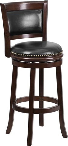 Flash Furniture 29'' High Cappuccino Wood Barstool with Panel Back and Black Leather Swivel Seat - TA-61029-CA-GG