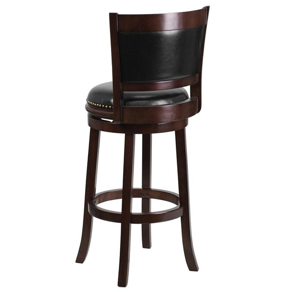 Flash Furniture 29'' High Cappuccino Wood Barstool with Panel Back and Black Leather Swivel Seat - TA-61029-CA-GG