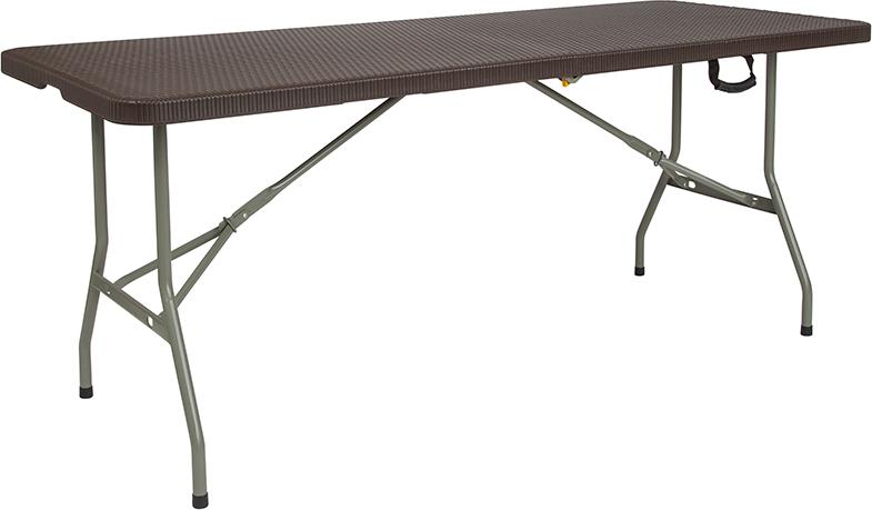 Flash Furniture 29''W x 71''L Bi-Fold Brown Rattan Plastic Folding Table - DAD-FT-180Z-GG