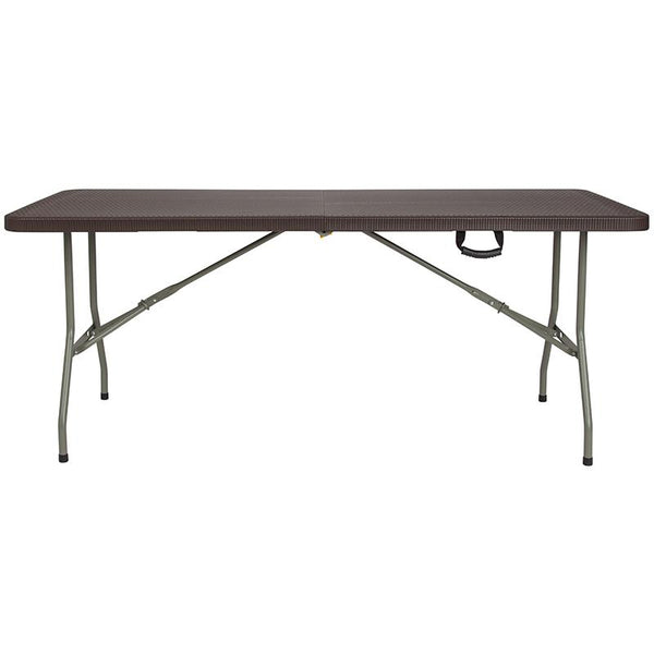 Flash Furniture 29''W x 71''L Bi-Fold Brown Rattan Plastic Folding Table - DAD-FT-180Z-GG