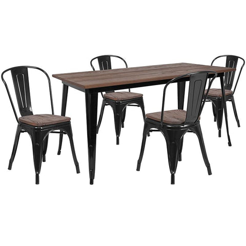 Flash Furniture 30.25" x 60" Black Metal Table Set with Wood Top and 4 Stack Chairs - CH-WD-TBCH-27-GG