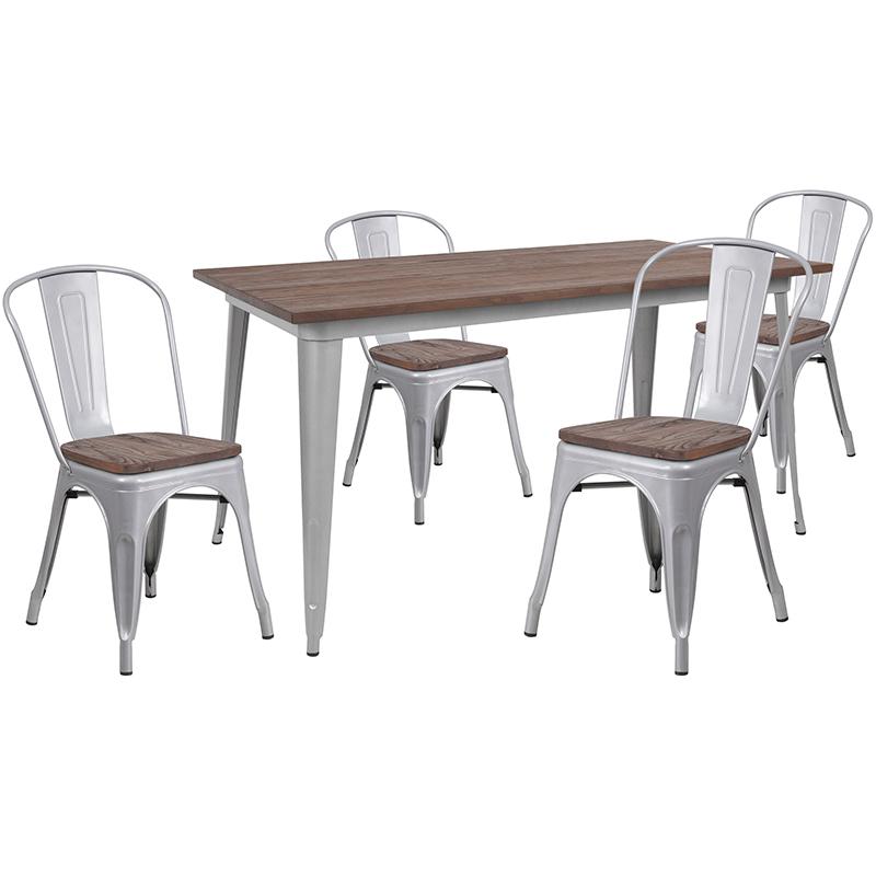 Flash Furniture 30.25" x 60" Silver Metal Table Set with Wood Top and 4 Stack Chairs - CH-WD-TBCH-13-GG