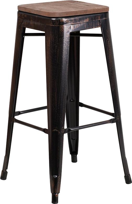 Flash Furniture 30" High Backless Black-Antique Gold Metal Barstool with Square Wood Seat - CH-31320-30-BQ-WD-GG