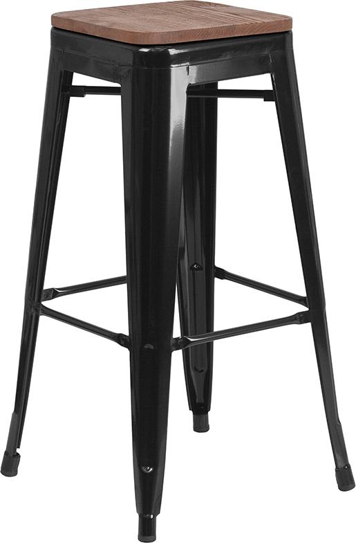 Flash Furniture 30" High Backless Black Metal Barstool with Square Wood Seat - CH-31320-30-BK-WD-GG