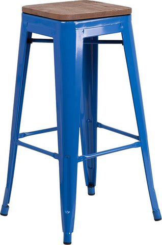 Flash Furniture 30" High Backless Blue Metal Barstool with Square Wood Seat - CH-31320-30-BL-WD-GG