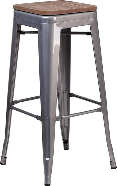 Flash Furniture 30" High Backless Clear Coated Metal Barstool with Square Wood Seat - XU-DG-TP0004-30-WD-GG