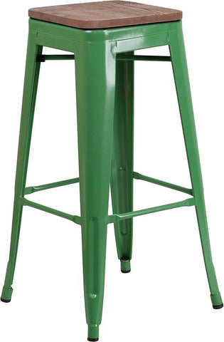 Flash Furniture 30" High Backless Green Metal Barstool with Square Wood Seat - CH-31320-30-GN-WD-GG