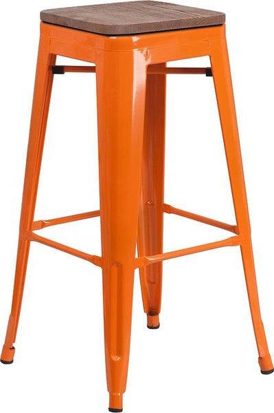 Flash Furniture 30" High Backless Orange Metal Barstool with Square Wood Seat - CH-31320-30-OR-WD-GG