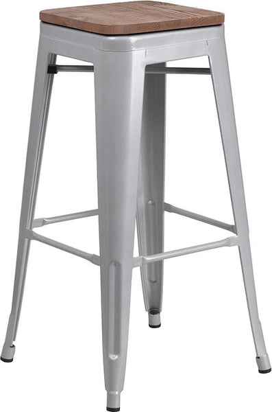 Flash Furniture 30" High Backless Silver Metal Barstool with Square Wood Seat - CH-31320-30-SIL-WD-GG