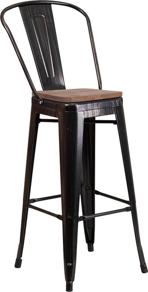 Flash Furniture 30" High Black-Antique Gold Metal Barstool with Back and Wood Seat - CH-31320-30GB-BQ-WD-GG