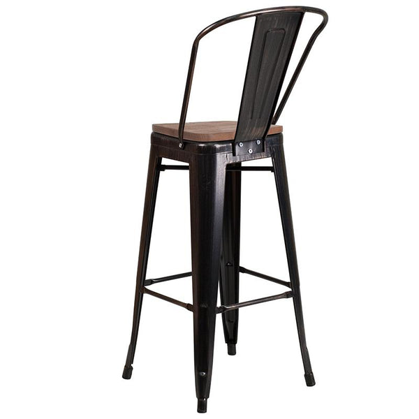 Flash Furniture 30" High Black-Antique Gold Metal Barstool with Back and Wood Seat - CH-31320-30GB-BQ-WD-GG
