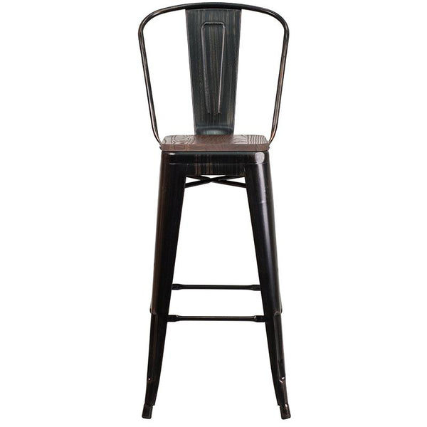 Flash Furniture 30" High Black-Antique Gold Metal Barstool with Back and Wood Seat - CH-31320-30GB-BQ-WD-GG