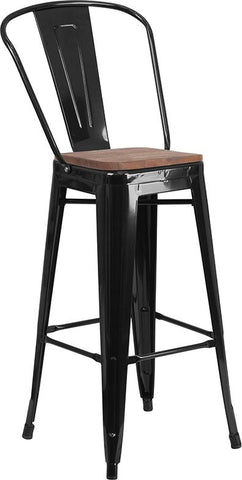 Flash Furniture 30" High Black Metal Barstool with Back and Wood Seat - CH-31320-30GB-BK-WD-GG