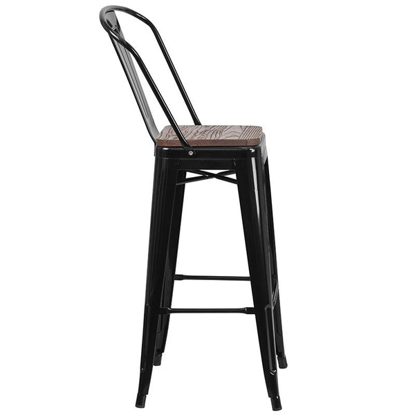 Flash Furniture 30" High Black Metal Barstool with Back and Wood Seat - CH-31320-30GB-BK-WD-GG