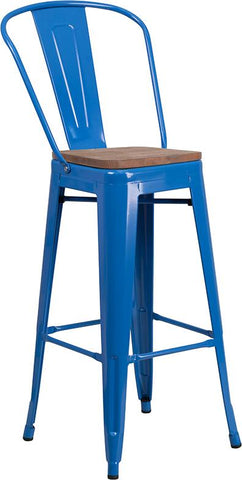 Flash Furniture 30" High Blue Metal Barstool with Back and Wood Seat - CH-31320-30GB-BL-WD-GG