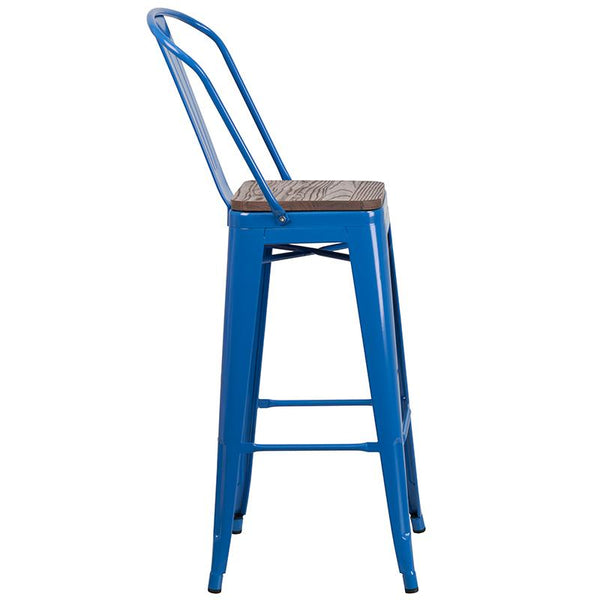 Flash Furniture 30" High Blue Metal Barstool with Back and Wood Seat - CH-31320-30GB-BL-WD-GG