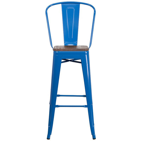 Flash Furniture 30" High Blue Metal Barstool with Back and Wood Seat - CH-31320-30GB-BL-WD-GG