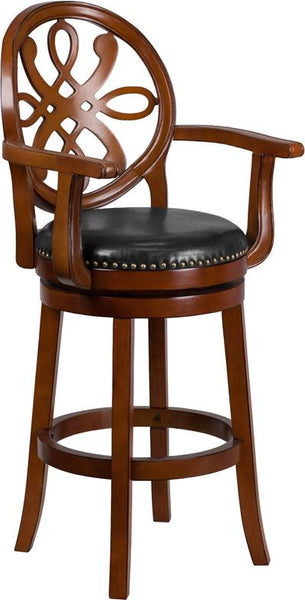 Flash Furniture 30'' High Brandy Wood Barstool with Arms, Carved Back and Black Leather Swivel Seat - TA-550230-BDY-GG