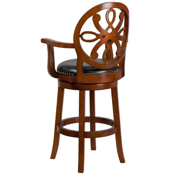 Flash Furniture 30'' High Brandy Wood Barstool with Arms, Carved Back and Black Leather Swivel Seat - TA-550230-BDY-GG