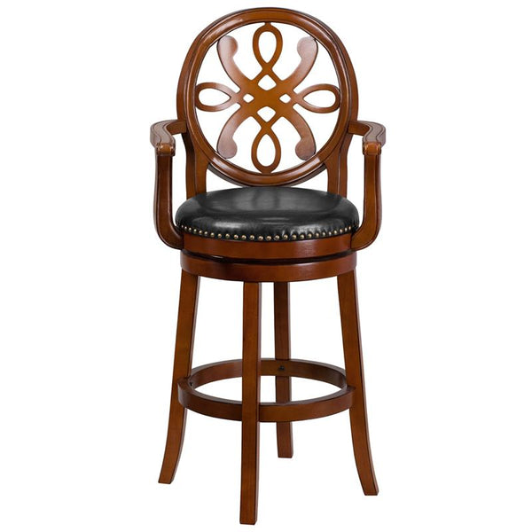 Flash Furniture 30'' High Brandy Wood Barstool with Arms, Carved Back and Black Leather Swivel Seat - TA-550230-BDY-GG