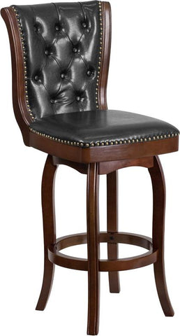 Flash Furniture 30'' High Cappuccino Wood Barstool with Button Tufted Back and Black Leather Swivel Seat - TA-240130-CA-GG