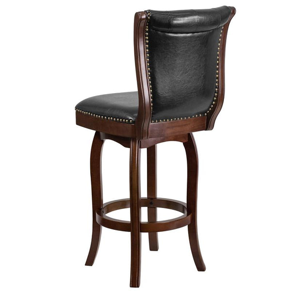 Flash Furniture 30'' High Cappuccino Wood Barstool with Button Tufted Back and Black Leather Swivel Seat - TA-240130-CA-GG