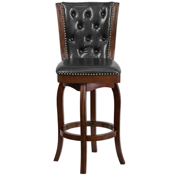 Flash Furniture 30'' High Cappuccino Wood Barstool with Button Tufted Back and Black Leather Swivel Seat - TA-240130-CA-GG