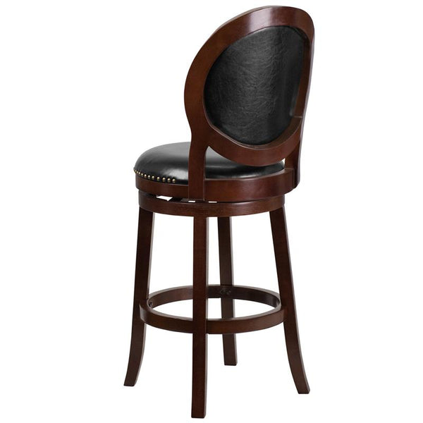 Flash Furniture 30'' High Cappuccino Wood Barstool with Oval Back and Black Leather Swivel Seat - TA-550130-CA-GG