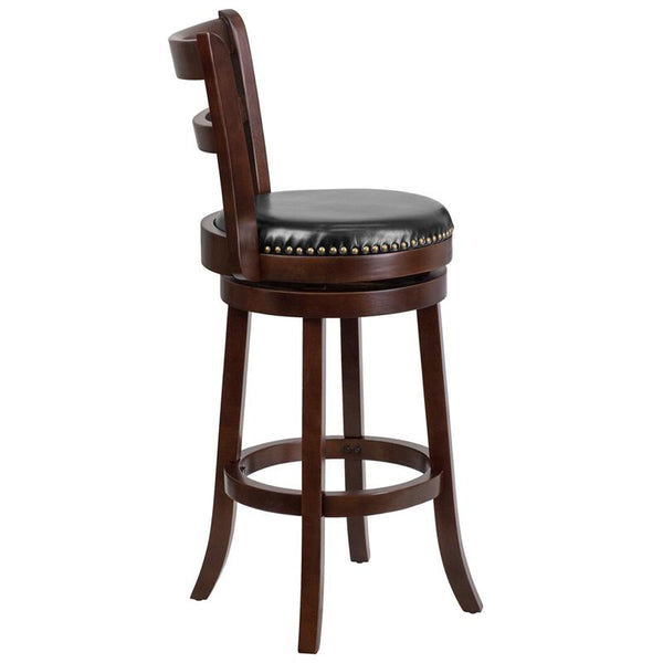 Flash Furniture 30'' High Cappuccino Wood Barstool with Single Slat Ladder Back and Black Leather Swivel Seat - TA-16029-CA-GG